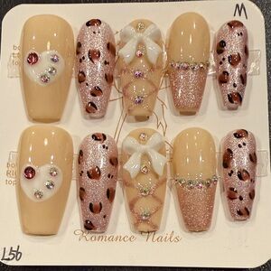 Beige and Glitter & Animal Print Press-On Set with bow accent nails